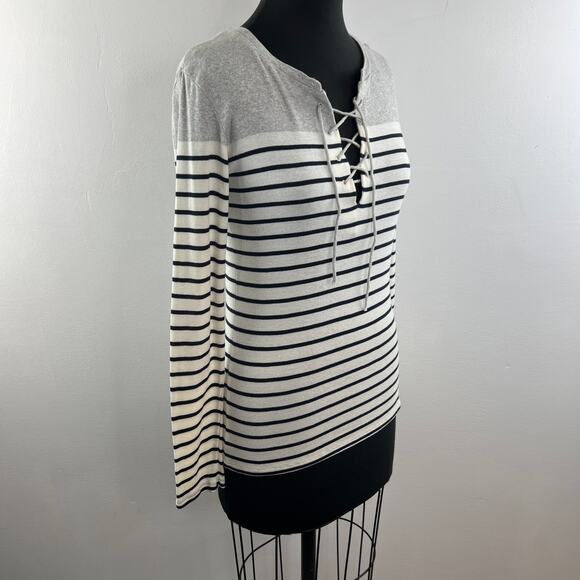 MAJESTIC FILATURES Lace Up Gray Deluxe Tee Shirt Long Sleeve Stripe Size 1 RARE - Picture 4 of 10